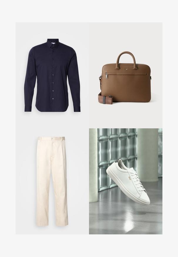 Chemise bleu marine à boutons, à manches longues, avec un col classique et une coupe ajustée. Fabriquée en tissu lisse avec un logo subtil sur la poitrine.; Pantalon en coton beige avec une coupe droite, présentant une fermeture à bouton et des plis sur le devant pour plus de détails.; Baskets basses en cuir blanc avec lacets, languette de talon noire et logo « BOSS », flottant à l'intérieur près d'un mur en blocs de verre et d'un sol poli.; Mallette en cuir marron avec poignées supérieures, poche avant zippée et bandoulière assortie amovible sur fond blanc.