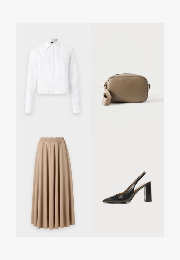 Witte cropped button-up shirt met lichtblauwe verticale strepen, lange mouwen, één borstzak en klassieke kraag. Katoenmix stof.; Beige maxi rok met een elastische tailleband, gemaakt van zachte stof met een soepel, geplooid ontwerp. Glad materiaal, effen kleur.; Zwarte leren slingback schoen met spits toelopend neusje, hoge blokhak en beige binnenvoering tegen een effen lichte achtergrond.; Taupekleurige rechthoekige leren crossbodytas met gouden BOSS-logo en afneembare gebrande stoffen riem op een witte achtergrond.