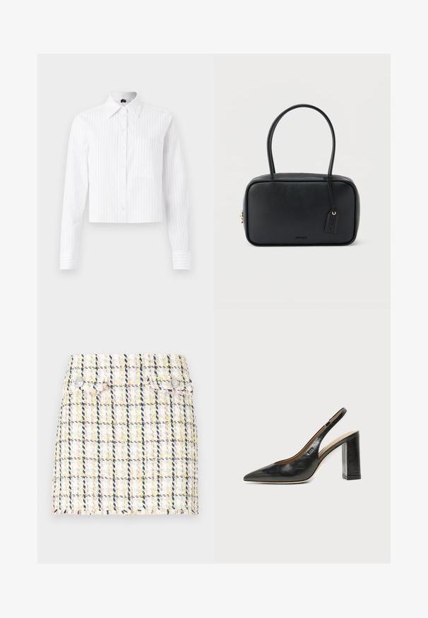Witte cropped button-up shirt met lichtblauwe verticale strepen, lange mouwen, één borstzak en klassieke kraag. Katoenmix stof.; Tweed mini rok met een kleurrijk ruitpatroon, een rafelige zoom en twee metalen knoopaccenten aan de voorkant.; Zwarte leren slingback schoen met spits toelopend neusje, hoge blokhak en beige binnenvoering tegen een effen lichte achtergrond.; Zwarte rechthoekige handtas met dubbele afgeronde handvaten, gouden ritssluiting en geperst "HUGO" logo aan de voorkant met een aangehecht lederen label.