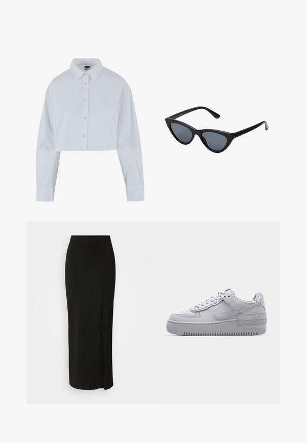 Chemise blanche courte à col pointu, à manches longues et à texture lisse. Comprend une patte de boutonnage à l'avant avec des boutons assortis.; Jupe noire, de longueur genou, fabriquée en tissu doux et extensible. Elle possède une taille ajustée et une fente sur le côté pour faciliter les mouvements.; Basket en cuir lisse gris Nike Air Force 1 avec un bout perforé, une semelle épaisse et un détail 'AIR' en relief sur le talon.; Lunettes de soleil noires en forme d'œil de chat avec des verres gris foncé, monture en plastique élégante, coins pointus et branches droites. Pas de métal visible ni d'accents.