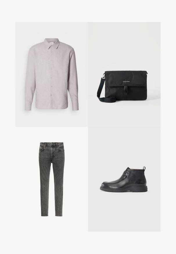 Chemise en lin gris clair avec col, manches longues et boutonnière. Présente une texture subtile et des boutons en nacre le long de la patte de boutonnage.; Jean denim noir délavé slim avec cinq poches, passants de ceinture et fermeture par boutons à la taille, présenté face à un fond blanc.; Bottes noires en cuir à talon arrondi, avec un design à lacets et une languette à l'arrière. Tige texturée et semelle en caoutchouc.; Sac messager noir Calvin Klein avec bandoulière réglable et rabat avant sécurisé par une boucle, présenté sur un fond uni.