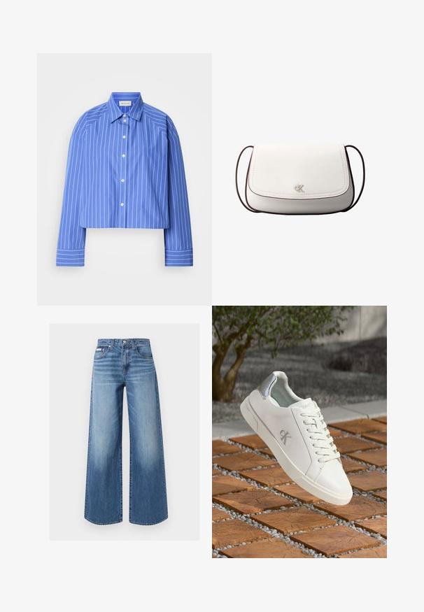 Geknipte blauwe shirt met verticale witte strepen, klassieke kraag, lange mouwen en knoopsluiting; gemaakt van een soepele, lichte stof.; Blauwe wijde denim jeans met vooraan een knoop en rits, vijfzakkenmodel en subtiele vervaagde details op de dijen en knieën.; Witte low-top sneakers van glad materiaal, met veters en een zilveren accent op de hiel. Heeft een subtiele reliëflogo aan de zijkant.; Witte schoudertas met klepsluiting, klein zilveren "cK"-logo in het midden en dunne donkerbruine verstelbare band.