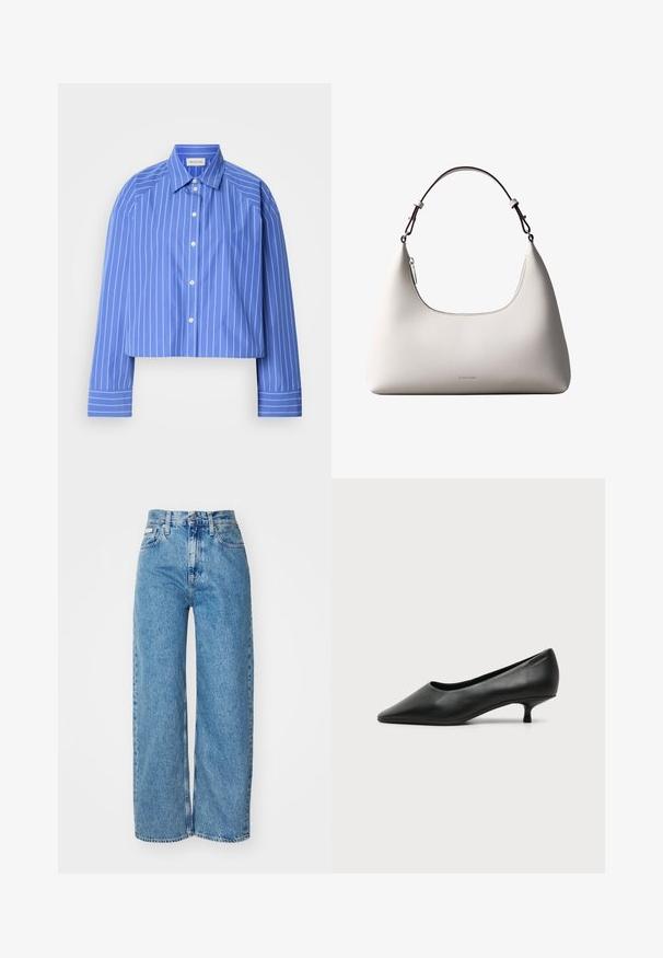 Geknipte blauwe shirt met verticale witte strepen, klassieke kraag, lange mouwen en knoopsluiting; gemaakt van een soepele, lichte stof.; Lichtblauwe denim wijde jeans met hoge taille, rafelrand en vijf zakken. De verslete textuur voegt diepte toe aan de stof.; Zwarte leren damesschoen met lage hak, puntige neus en kleine kittenhak op een effen lichte achtergrond.; Romige Calvin Klein leren schoudertas met gebogen bovenrand, zilveren rits en donkerbruine verstelbare riem.