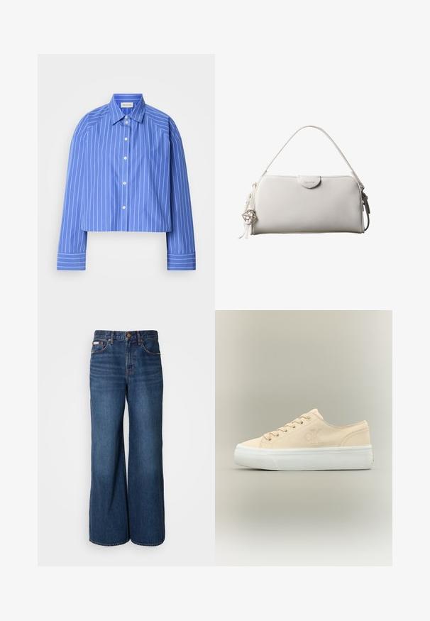 Camisa azul recortada con rayas blancas verticales, cuello clásico, mangas largas y botones en el frente; hecha de una tela suave y ligera.; Vaqueros de pierna ancha hechos de denim azul oscuro. Incluyen una cintura alta, cinco bolsillos y costuras en contraste de color naranja a lo largo de las costuras.; Zapatilla baja de lona beige con suela de goma blanca gruesa y un sutil logo "CK" en el lateral.; Bolso rectangular blanco de Calvin Klein con un solo asa, diseño minimalista y borlas decorativas con un charm metálico geométrico en el lateral.