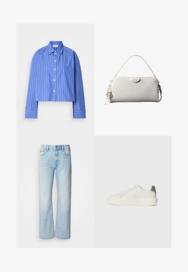 Geknipte blauwe shirt met verticale witte strepen, klassieke kraag, lange mouwen en knoopsluiting; gemaakt van een soepele, lichte stof.; Lichtblauwe wijde jeans van denim, voorzien van een klassiek vijf-pocket ontwerp en een subtiele vervaagde textuur. Denimstiksels zijn zichtbaar.; Witte sneaker van leer met een gladde textuur, featuring een zilveren accent op de hiel, een platte zool en een minimalistisch ontwerp.; Witte rechthoekige Calvin Klein handtas met enkele handgreep, minimalistisch ontwerp en decoratieve kwastjes met geometrische metalen hanger aan de zijkant.