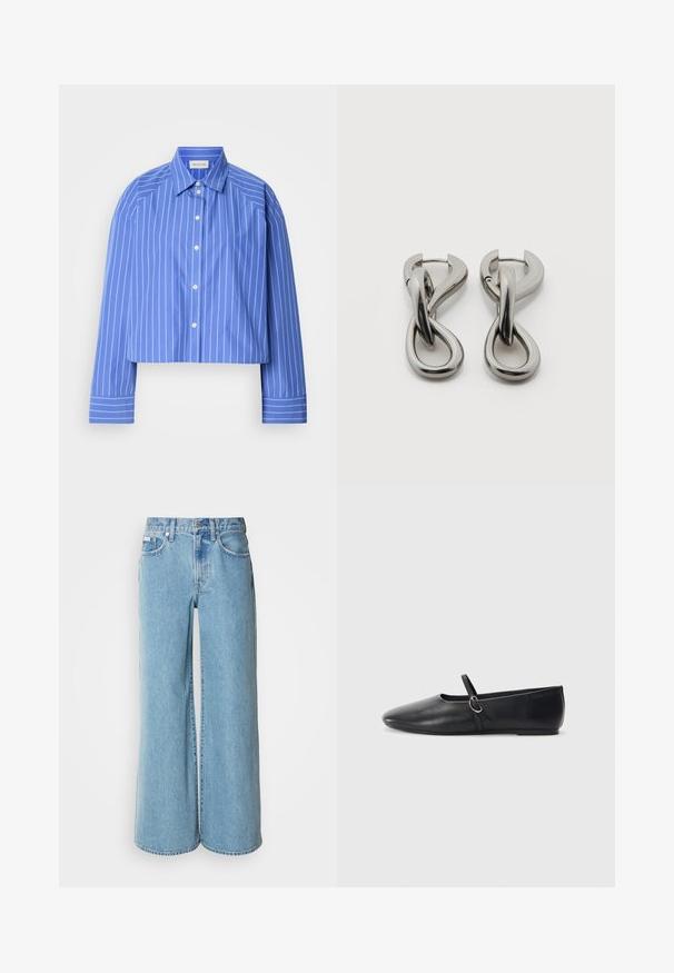 Geknipte blauwe shirt met verticale witte strepen, klassieke kraag, lange mouwen en knoopsluiting; gemaakt van een soepele, lichte stof.; Lichtblauwe wijde jeans van denim, met een hoge taille, vijf pockets en subtiele vervaging langs de stof.; Zwarte leren balletschoenen met een spitse neus, platte zool en een kleine strap met een zilveren gespsluiting.; Set zilverkleurige metalen oorbellen met een abstract ontwerp van in elkaar grijpende lussen op een witte achtergrond.