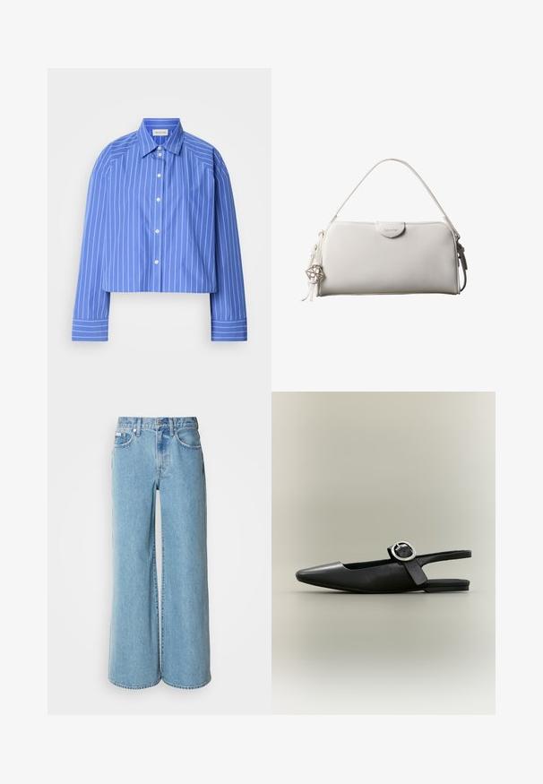 Geknipte blauwe shirt met verticale witte strepen, klassieke kraag, lange mouwen en knoopsluiting; gemaakt van een soepele, lichte stof.; Lichtblauwe wijde jeans van denim, met een hoge taille, vijf pockets en subtiele vervaging langs de stof.; Zwarte puntschoen met lage hak en zilveren gesp, slingback model op een neutrale achtergrond.; Witte rechthoekige Calvin Klein handtas met enkele handgreep, minimalistisch ontwerp en decoratieve kwastjes met geometrische metalen hanger aan de zijkant.