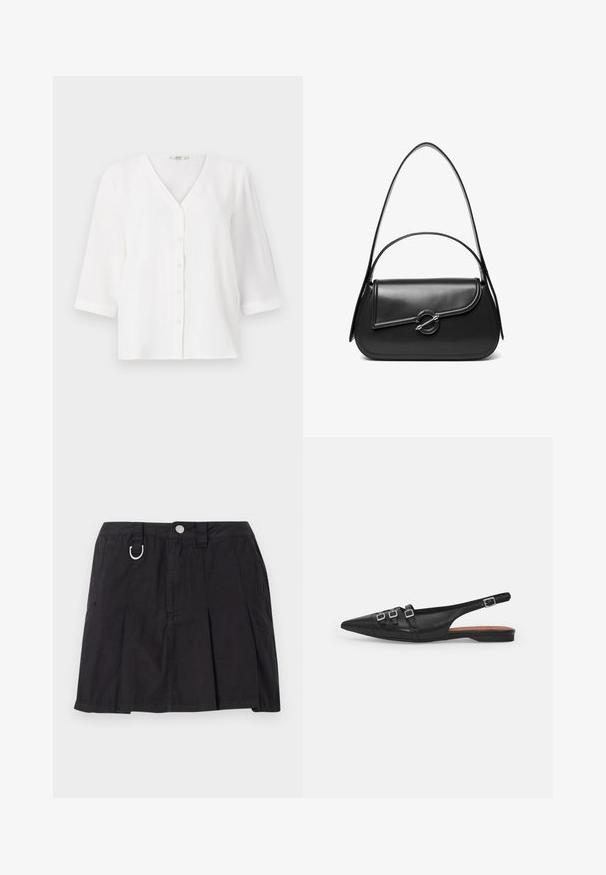 Blusa blanca con escote en V y seis botones en la parte delantera. Cuenta con mangas de tres cuartos y un corte relajado. Tejido suave y texturizado.; Falda negra plisada de algodón, con cierre de botones en la parte delantera, lazos para cinturón y un acento en forma de D en la cinturilla.; Zapato plano slingback de cuero negro con puntera puntiaguda, que presenta dos correas horizontales y hebillas plateadas cuadradas, tacón bajo y textura suave.; Bolso de hombro de cuero negro con una solapa curva asegurada por un broche metálico redondo y una correa delgada y ajustable.