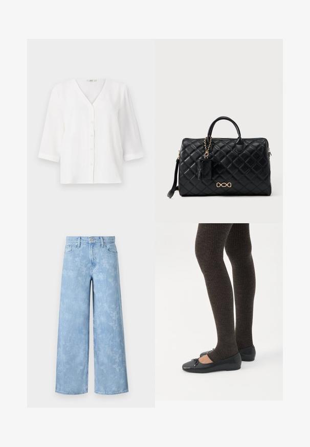 Blusa blanca con escote en V y seis botones en la parte delantera. Cuenta con mangas de tres cuartos y un corte relajado. Tejido suave y texturizado.; Jeans de pernera ancha de un azul claro, con un patrón floral desvanecido, cinco bolsillos y un cierre de botón en la cintura. Tela de mezclilla con ligera textura.; Piernas con leggings oscuros acanalados combinados con bailarinas negras que presentan pequeños detalles de lazo sobre un fondo blanco.; Bolsa de viaje de cuero acolchada negra con herrajes en tono dorado, dos asas superiores, correa de cadena desmontable y pequeño bolso adjunto.