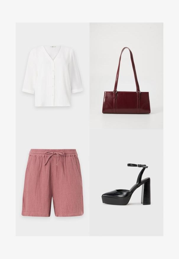 Blusa blanca con escote en V y seis botones en la parte delantera. Cuenta con mangas de tres cuartos y un corte relajado. Tejido suave y texturizado.; Pantalones cortos de tela texturizada color malva con cintura elástica y cordón ajustable, que cuentan con bolsillos laterales.; Zapatos de tacón negro con punta afilada y correa ajustable en el tobillo. Confeccionados en cuero suave, presentan un tacón grueso.; Bolso burdeos hecho de material brillante, de forma rectangular, con dos asas para el hombro y sutiles acentos curvados en la parte frontal.