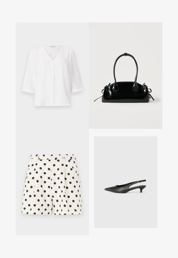 Blusa blanca con escote en V y seis botones en la parte delantera. Cuenta con mangas de tres cuartos y un corte relajado. Tejido suave y texturizado.; Pantalones cortos blancos de lino con un patrón de lunares negros. Cuenta con pliegues y bolsillos laterales. Cintura ajustada con un acabado limpio.; Zapato de tacón slingback negro de punta afilada, hecho de cuero suave. Presenta un tacón delgado y un detalle de hebilla en la correa ajustable.; Pequeño bolso negro brillante con dos asas largas y detalles de cordón lateral sobre un fondo claro liso.