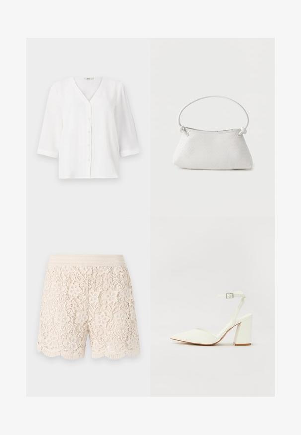 Blusa blanca con escote en V y seis botones en la parte delantera. Cuenta con mangas de tres cuartos y un corte relajado. Tejido suave y texturizado.; Bermudas de encaje en color blanco roto con patrones florales, dobladillo en forma de ondas y cintura elástica, que presentan un detallado intrincado a lo largo de la tela.; Sandalia blanca de tacón con puntera afilada, correa ajustable en el tobillo y un tacón cuadrado grueso. Textura lisa con detalles de costura mínimos.; Bolso de mano de cuero blanco tejido con asa redondeada y extremos de la correa anudados, exhibido sobre un fondo liso.