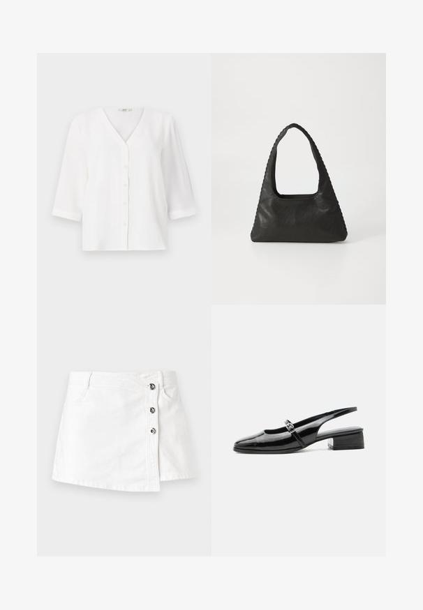 Witte blouse met een V-hals en zes knopen aan de voorkant. Heeft driekwart mouwen en een relaxte pasvorm. Zachte, gestructureerde stof.; Witte denim mini-jurk met een rechte snit, voorzien van een zijsluiting met vier metalen knopen en een subtiele omgeslagen zoom.; Zwarte lakleren slingback schoen met een lage blokhak en een dunne band met zilveren gesp bovenop.; Zwart leren handtas met een triangulaire vorm, een grote uitsparingshandgreep en gedetailleerde stiksels langs de randen. Glad textuur.
