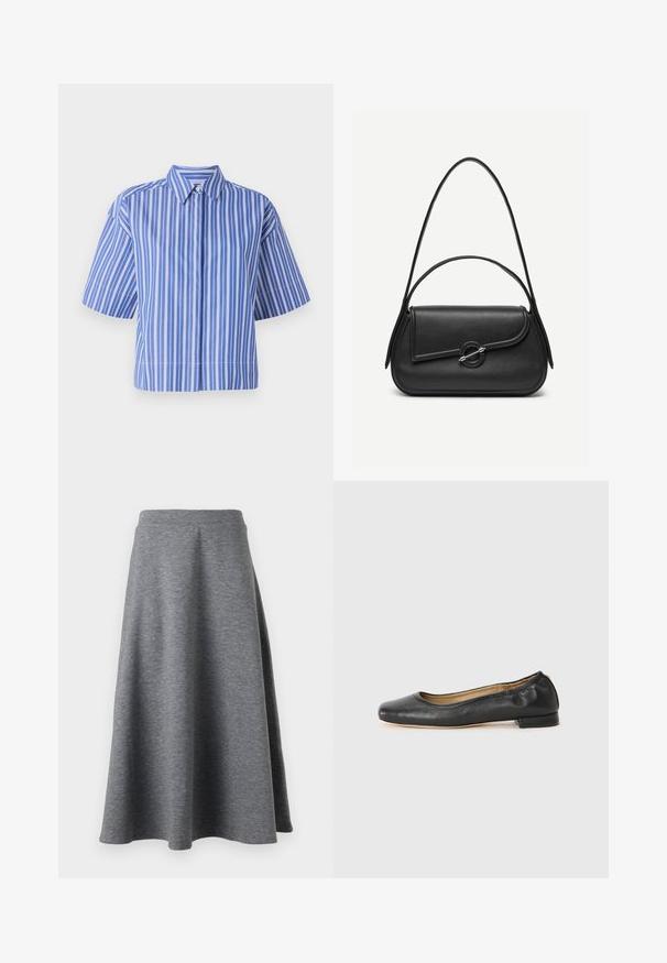 Blau-weiß gestreiftes Kurzarmhemd mit Kragen, im kastigen Schnitt und Knopfdetails entlang der Mitte. Glatte Stofftextur.; Grauer, knielanger Rock aus weichem, dehnbarem Material, mit einem ausgestellten Design und einem elastischen Bund für zusätzlichen Komfort.; Schwarz Leder Ballerinas mit runder Zehenpartie und minimaler Naht. Niedriger, rechteckiger Absatz und glatte Textur. Dezente Innenfutterdetails.; Schwarze Lederhandtasche mit abgerundeten Kanten, asymmetrischem Überschlag, metallfarbenem runden Verschluss und kurzen sowie langen Schulterriemen.