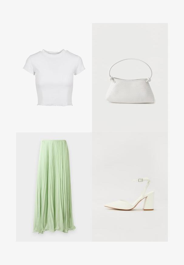 T-shirt blanc, coupé, en tissu côtelé. Il présente des manches courtes avec des bords effilochés et un col rond avec un détail froncé.; Jupe longue plissée vert clair avec un tissu fluide et une taille élastique, présentée sur un fond blanc.; Sandale blanche à talon avec un bout pointu, sangle de cheville réglable et un talon carré épais. Texture lisse avec des détails de couture minimaux.; Sac à main en cuir tressé blanc avec poignée arrondie et extrémités de lanière nouées, présenté sur un fond uni.
