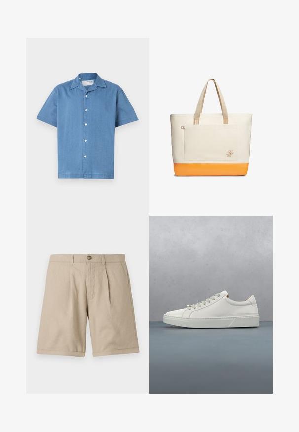 Helles blaues Kurzarmhemd aus einem weichen, strukturierten Stoff mit einem Kragen und fünf weißen Knöpfen auf der Vorderseite.; Beige Leinen-Shorts mit geradem Schnitt, vorn mit Abnähern, Knopfverschluss und Umschlag am Saum. Glatte Textur mit minimalistischem Design.; Weißes Leder-Sneaker mit abgerundetem Zehenbereich, minimalistisches Design, graue Schnürsenkel und einer strukturierten grauen Gummisohle. Dezente Nähte sichtbar.; Große beiger Canvas-Shopper mit orangefarbenem Boden, beigen Griffen, Vordertasche und kleinen aufgestickten Initialen an der Taschecke.