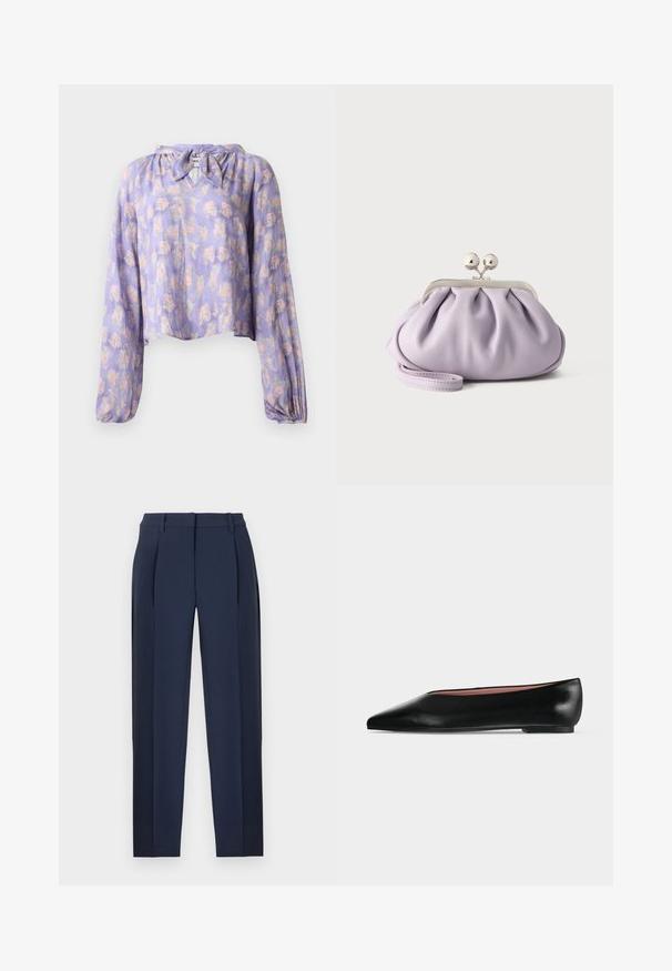 Blouse florale en tissu violet clair avec de longues manches bouffantes et un col noué. Présente un motif délicat de fleurs roses et vertes.; Pantalons sur mesure bleu marine avec plis sur le devant, passants pour ceinture et jambes droites, présentés sur un fond blanc.; Chaussure plate en cuir noir pour femme, avec bout pointu et petit talon, vue de côté sur un fond gris clair uni.; Pochette lavande douce avec tissu froncé, fermoir kiss-lock argenté et bracelet assorti sur un fond clair uni.