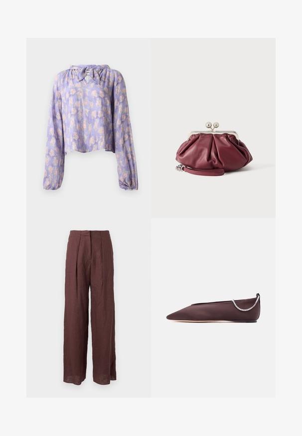 Blouse florale en tissu violet clair avec de longues manches bouffantes et un col noué. Présente un motif délicat de fleurs roses et vertes.; Pantalon large taille haute marron foncé avec plis sur le devant et taille structurée, fabriqué en tissu léger.; Chaussure plate marron foncé à bout pointu avec un petit talon et un détail chaîne en strass argentée à l'arrière.; Petite pochette en cuir bordeaux avec fermoir en métal argenté et bracelet pour poignet sur fond blanc.