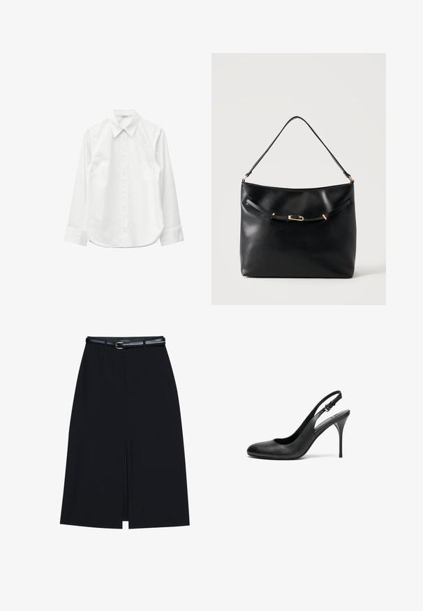 Chemise blanche à manches longues avec boutons, col pointu et poignets, présentée à plat sur un fond blanc.; Jupe noire à mi-cuisse avec une fente frontale, fabriquée en tissu lisse. Comprend une fine ceinture noire avec une boucle en argent et des passants.; Escarpin slingback en cuir noir avec un bout pointu, un talon aiguille fin et une sangle ajustable. Texture lisse et design minimaliste.; Sac à épaule en cuir noir avec une bandoulière unique et un petit détail de boucle dorée à l'avant, sur un fond clair uni.