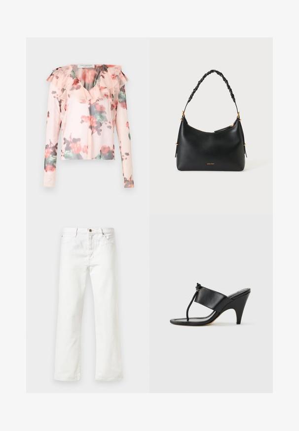 Blomster langærmet blouse i lys pink med flæsedetalje ved halsen. Har et akvarel-blomster mønster med røde og grønne nuancer. Halv-gennemsigtigt stof.; Hvide denim jeans med lige ben, der har knaplukning og fem lomme-design. Glat tekstur og minimal detaljer.; Sort højhælet sandal med bred frontrem og en tåsløjfe med en knyttet snordetalje, vist i profil på hvid baggrund.; Sort læderhåndtaske med flettet hank, guldbeslag og mærkenavnet "Vanessa Bruno" i guld nær bunden, vist på hvid baggrund.