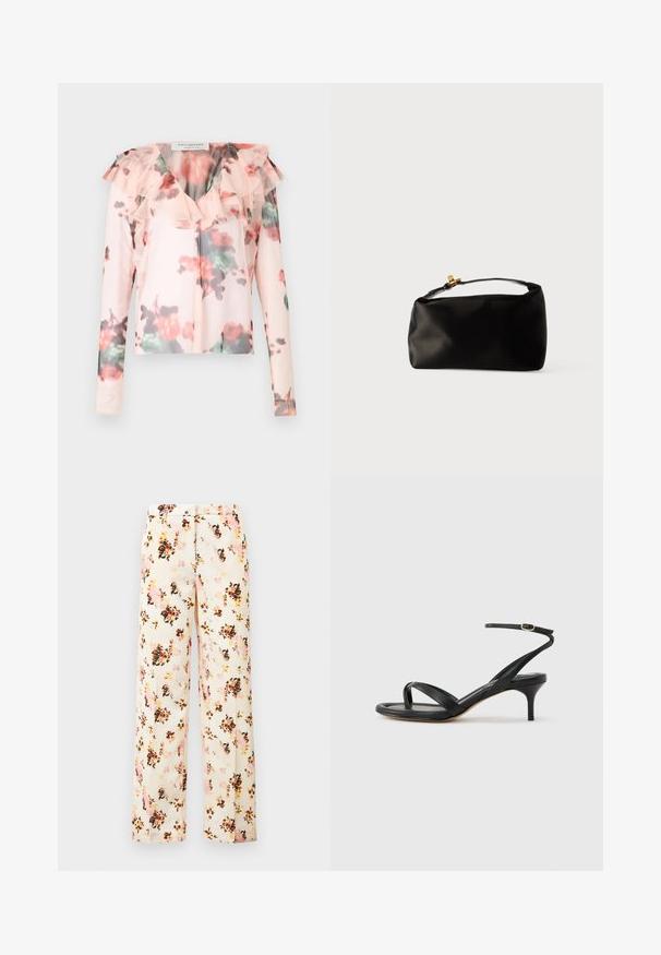 Blomster langærmet blouse i lys pink med flæsedetalje ved halsen. Har et akvarel-blomster mønster med røde og grønne nuancer. Halv-gennemsigtigt stof.; Blomstrede bukser med brede ben i cremefarvet, med en blanding af pink, orange og sorte blomster. Glat stof med en afslappet pasform og ingen udvendige lommer.; Sort damesandal i læder med tynde remme, en tå-loop, ankelspænde og en mellemhøj stiletthæl på en neutral baggrund.; Sort satinpung med en afrundet form, et håndtag i toppen og en guldaccentlås. Glat tekstur med et minimalistisk design.