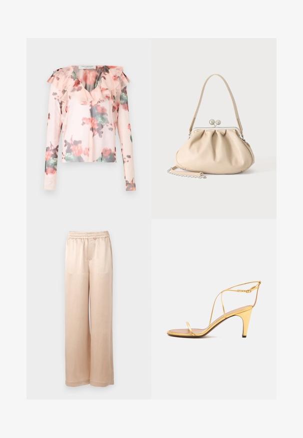 Blouse à manches longues à motif floral en rose clair avec un col rufflé. Présente un motif floral aquarelle avec des accents rouges et verts. Tissu semi-transparent.; Pantalons larges de couleur beige clair en tissu lisse avec une taille élastique et des coutures minimales, présentant une coupe droite et sans poches.; Sandale à talons hauts dorée avec fines lanières et une fine boucle à la cheville sur un fond gris clair.; Sac à main en cuir souple beige avec un fermoir en métal argenté, une bandoulière simple et une bandoulière chaîne optionnelle sur fond blanc.