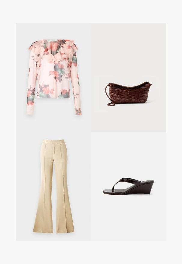 Blomster langærmet blouse i lys pink med flæsedetalje ved halsen. Har et akvarel-blomster mønster med røde og grønne nuancer. Halv-gennemsigtigt stof.; Beige flared bukser lavet af et glat stof, med frontfolder, høj talje og en ren, skræddersyet silhuet.; Brun patentlæder kile-sandal med tåremme og åben tå, vist i sideprofil på en ensfarvet baggrund.; Brun flettet lædertaske med en enkelt rem og buet top mod en ensfarvet hvid baggrund.
