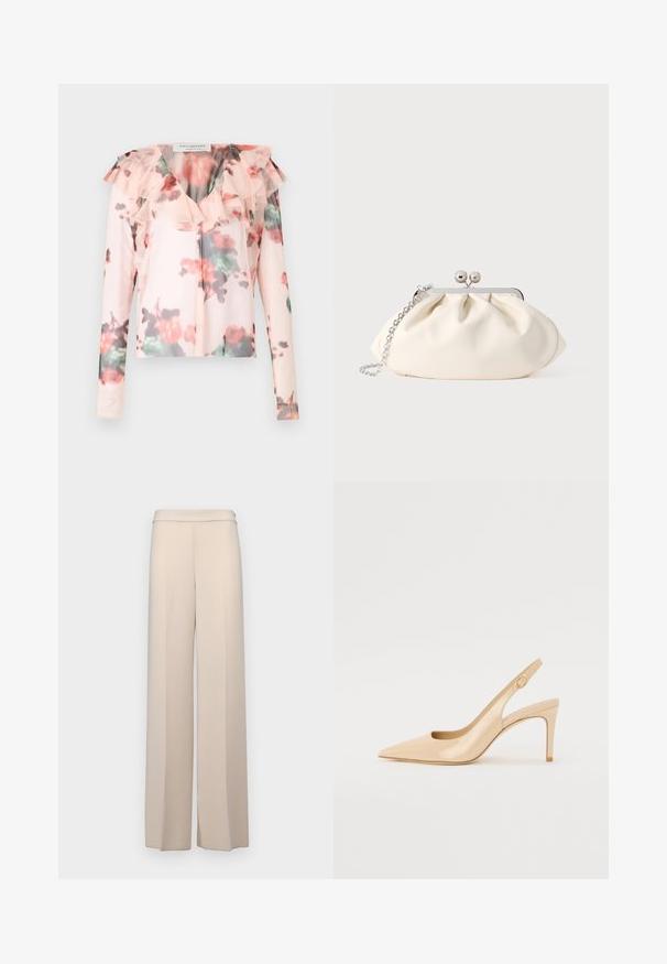 Blomster langærmet blouse i lys pink med flæsedetalje ved halsen. Har et akvarel-blomster mønster med røde og grønne nuancer. Halv-gennemsigtigt stof.; Beige vidde bukser i et glat stof med høj talje og subtile frontfolder. Ingen lommer eller synlige hardware detaljer.; Nude patenteret læder slingback hæl med spidse tæer, åben vamp og en tynd stiletto hæl. Har et cirkulært guldfarvet element på remmen.; Cremefarvet stofclutch med et rynket design, sølv metalramme, to dekorative kugler og en sølvkæde som rem.