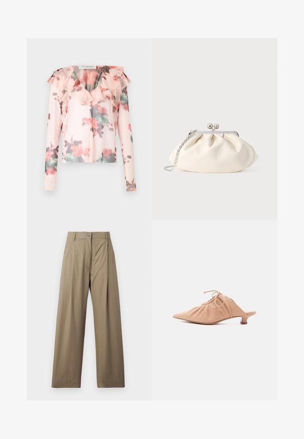 Blouse à manches longues à motif floral en rose clair avec un col rufflé. Présente un motif floral aquarelle avec des accents rouges et verts. Tissu semi-transparent.; Pantalons larges couleur khaki en mélange de coton, dotés d'une fermeture à bouton, de poches latérales et d'une texture lisse avec un léger éclat.; Mule pour femme en cuir beige avec bout pointu, dessus froncé, lien de serrage et petit talon kitten, sur fond blanc.; Pochette en tissu crème avec un design froncé, cadre en métal argenté, deux boules décoratives, et une bandoulière chaîne argentée.