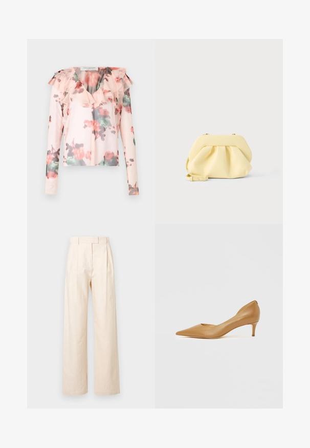 Blomster langærmet blouse i lys pink med flæsedetalje ved halsen. Har et akvarel-blomster mønster med røde og grønne nuancer. Halv-gennemsigtigt stof.; Beige bukser med vide ben og plisseringer, lavet af et struktureret stof. Har en tætsiddende linning og en ren, lige silhuet.; Spids-tå tan læderpumpe med lille hæl, der har et udskåret design på siden for ekstra detaljer og glat tekstur.; Blød gul læderclutch med samlet design og aftagelig rem, sat mod en ensartet lys baggrund.