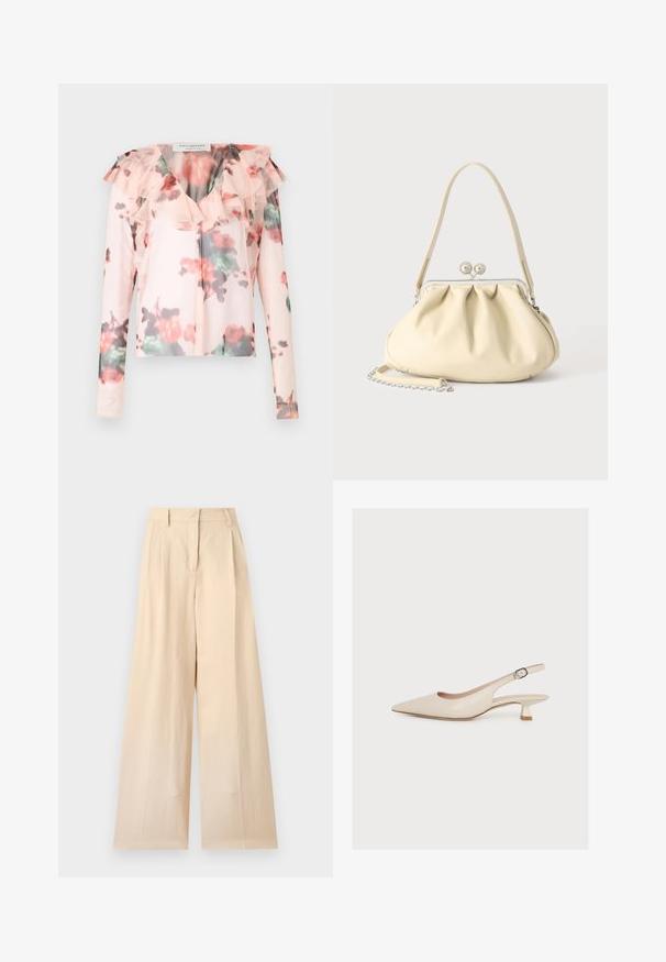 Blomster langærmet blouse i lys pink med flæsedetalje ved halsen. Har et akvarel-blomster mønster med røde og grønne nuancer. Halv-gennemsigtigt stof.; Beige højtaljede bukser med vide ben, bæltestropper og forlynlås på en ensfarvet lys baggrund.; Stuart Weitzman STUART SCULPT SLINGBACK - Pumps - linen; Cremefarvet blødt læder håndtaske med indsamlet design, sølvramme-lukkemekanisme, kort hank og aftagelig kæderem.