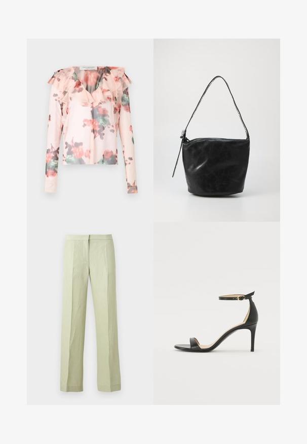 Blomster langærmet blouse i lys pink med flæsedetalje ved halsen. Har et akvarel-blomster mønster med røde og grønne nuancer. Halv-gennemsigtigt stof.; Lysegrønne bukser med lige ben, forreste folder, linning og en skjult lukning foran, vist mod en ensfarvet baggrund.; Sort læder højhælede sandaler med ankelrem. Har en glat tekstur, åben tå og en tynd hæl. Guldtonet spænde detalje.; Sort læder skuldertaske med en glat overflade, lynlåslukning og et langt, afrundet håndtag. Tasken har en afslappet, ustruktureret form.