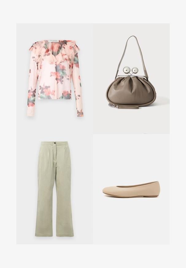 Blomster langærmet blouse i lys pink med flæsedetalje ved halsen. Har et akvarel-blomster mønster med røde og grønne nuancer. Halv-gennemsigtigt stof.; Lysgrønne brede bukser lavet af blødt stof, med en frontknaplukning, plisseringer og en ren kant.; Beige læder balletflade med afrundet tå, minimal sømdetaljering, lav hæl og subtilt logo på bagsiden. Glat, mat tekstur.; Grå læderhåndtaske med rundet form, toplås med to store sølvkugler og en enkelt strop.