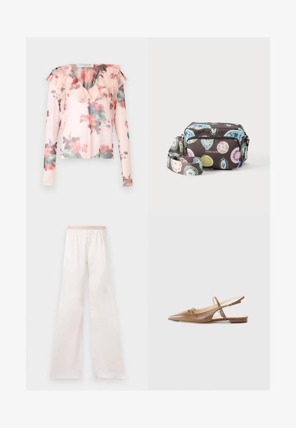 Blomster langærmet blouse i lys pink med flæsedetalje ved halsen. Har et akvarel-blomster mønster med røde og grønne nuancer. Halv-gennemsigtigt stof.; Vide ben, cremefarvede bukser med høj talje og elastisk beige taljebånd, vist på en ensfarvet lys baggrund.; Brune lædersandaletter med spidse tæer, to smalle stropper og en lav hæl. Glat tekstur med en poleret finish.; Crossbody taske med farverige ovale mønstre på mørk baggrund, front-lynlåslomme og justerbar rem, mærket "STINE GOYA" med guld bogstaver.