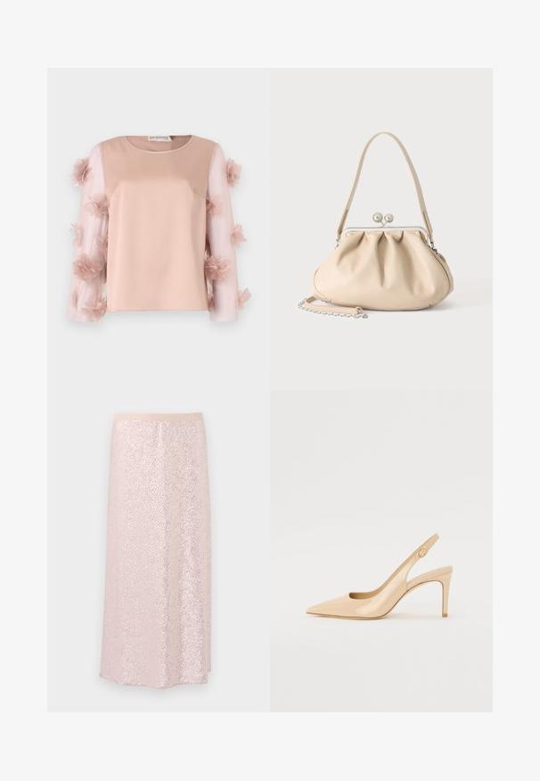 Haut rose clair avec un corps en satin uni. Les manches transparentes présentent des fleurs en tissu éparpillées, ajoutant de la texture et des détails. Encolure arrondie.; Jupe en sequins roses avec une taille lisse, présentant une surface texturée et un design en A longueur genoux. Les sequins réfléchissants créent un effet scintillant.; Escarpin slingback en cuir verni nude avec un bout pointu, un décolleté ouvert et un talon aiguille fin. Comprend un accent doré circulaire sur la sangle.; Sac à main en cuir souple beige avec un fermoir en métal argenté, une bandoulière simple et une bandoulière chaîne optionnelle sur fond blanc.