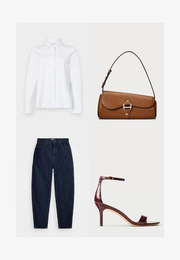 CLOSED CLASSIC SHIRT WITH STRAP DETAIL - Skjortebluser - white; Mørkeblå denim jeans med lige pasform, der har orange syninger, en forreste knaplukning og fem lommer.; Bordeaux højhælet sandal med krokodillepræget finish, tynd ankelrem og stiletthæl. Glat lædertekstur, åbent tådesign.; Brun læder skuldertaske med en rund form, der har en for- eller klap, sølvfarvede metaldele og kontrastsyningsdetaljer.