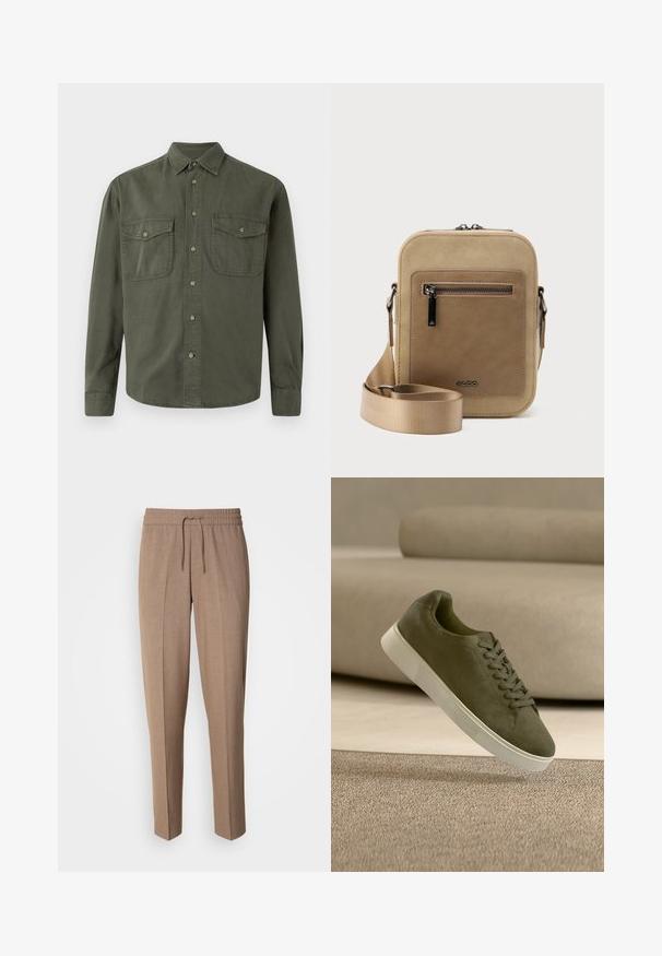 Khaki langekootshirt van katoen. Heeft een knoopsluiting aan de voorkant, twee borstzakken met kleppen en een klassieke kraag. Eenvoudig ontwerp.; Bruine, geweven stoffen broek met een relaxte pasvorm, trekkoord taille en plooien aan de voorkant. Rechte pijpen en geen zichtbare zakken of hardware.; Olivengroene suède sneaker met witte zool en veters die boven een beige tapijt zweeft voor een lichtbeige bank.; Kleine beige crossbodytas met een voorvak met ritssluiting, metalen ALDO-logo, verstelbare brede band en afgeronde rechthoekige vorm op een witte achtergrond.