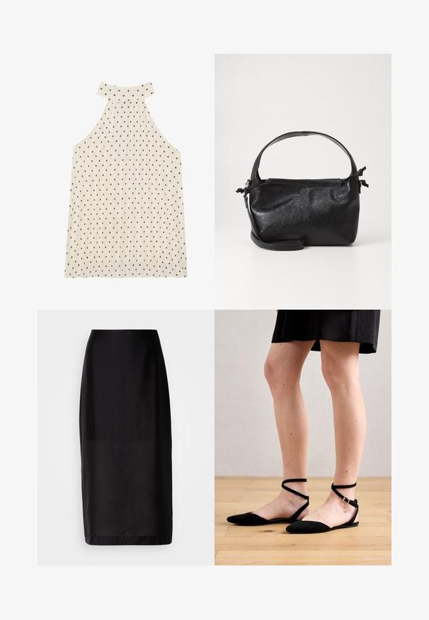 Ærmeløs halterneck top i creme med brune prikker, der har en høj halsudskæring og plisseret stof for ekstra tekstur.; Sort midi nederdel med lige design, lavet af glat stof. Har en talje og en søm ved knæ længde.; Sorte suede flade sandaler med spidse tæer, der har ankelremme, der krydser over, og en spænde lukning. Glat tekstur og minimalistisk design.; Sort læderhåndtaske med et struktureret design, rund tophåndtag og aftagelig skulderrem. Den har en glat tekstur og en subtil glans.