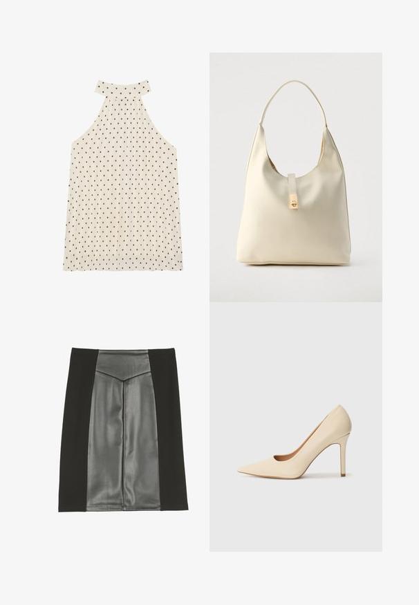 Ærmeløs halterneck top i creme med brune prikker, der har en høj halsudskæring og plisseret stof for ekstra tekstur.; Anna Field by Zalando A-snit nederdel - black; Beige læder højhælede pumps med spidse tæer og et udskæringsdetalje på siden, der har en slank stilettohæl for støtte.; Hobo-taske i cremefarvet læder med en enkelt skulderrem, glat tekstur og et guldfarvet spænde foran.