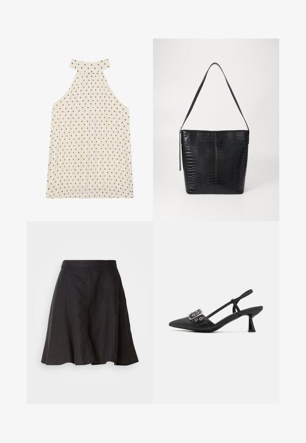 Ærmeløs halterneck top i creme med brune prikker, der har en høj halsudskæring og plisseret stof for ekstra tekstur.; Sort linærnederdel med en udvidet design, der har en talje og sømme. Stoffet har en let tekstureret overflade og går til knæet.; Simmi London DALA - Pumps - black; Sort håndtaske i krokodillepræget læder med flad krop, justerbar rem og lynlåslukning. Glat tekstur med struktureret form.