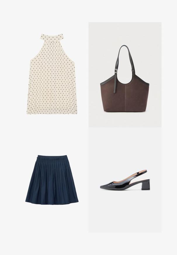 Top sin mangas tipo halter en color crema con lunares marrones, que cuenta con un cuello alto y tela plisada para añadir textura.; Falda plisada azul marino con cintura elástica, de largo hasta la rodilla, hecha de tela ligera.; Zapato de tacón con tira trasera de charol negro, punta puntiaguda y tacón grueso, con un detalle recortado en los laterales.; Bolsa tote marrón con correas de hombro negras ajustables y hebilla plateada, textura suave, diseño simple y estructurado sobre un fondo liso.