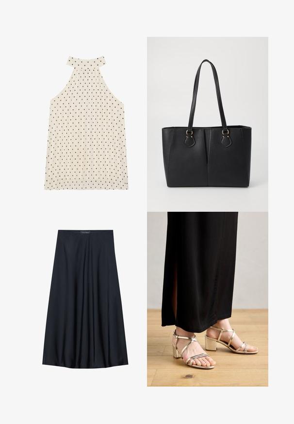 Ærmeløs halterneck top i creme med brune prikker, der har en høj halsudskæring og plisseret stof for ekstra tekstur.; Sort, knælang nederdel lavet af letvægtsstof med et svævende design. Har en glat tekstur og subtile plisseringer for en ekstra detalje.; Guld strop sandaler med blokhæl, med metallisk finish, ankelrem og åben tå design. Kombineret med en sort maxi nederdel.; Sort faux læder tote taske med en tekstureret finish, to lange håndtag og hardware i guld tone-accenter på siden. Rektangulær form.
