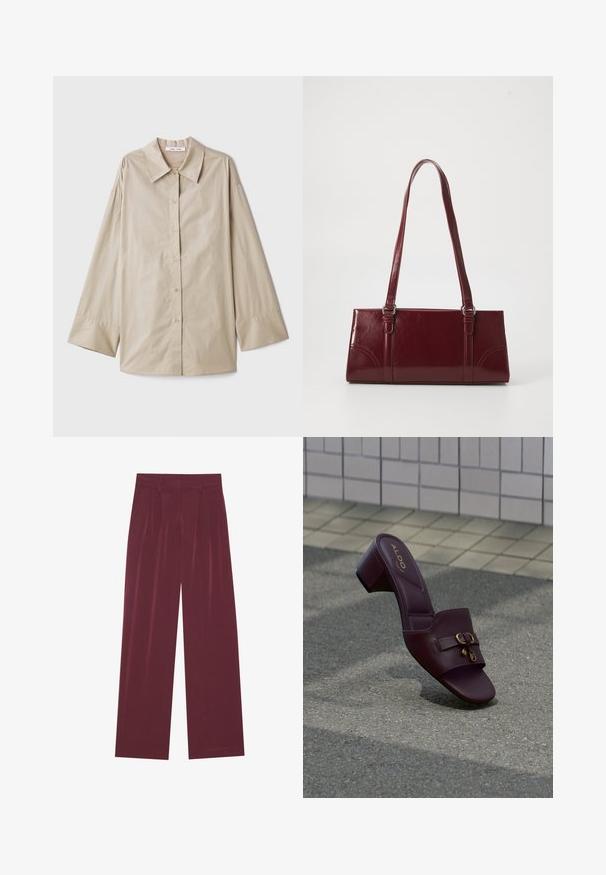 Chemise beige à manches longues avec un grand col pointu, fermeture à boutons, et larges poignets. Fabriquée dans un tissu lisse et léger.; Pantalons larges bordeaux avec plis à l'avant, poches latérales, passants de ceinture et fermeture dissimulée à l'avant.; Mule à talon en cuir rouge foncé à bout ouvert avec détail de boucle dorée, reposant sur un trottoir gris près d’un mur carrelé.; Sac à main bordeaux en matériau brillant, de forme rectangulaire, avec deux anses et des accents légèrement courbés à l'avant.