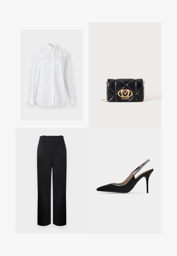 Chemise blanche à manches longues, boutonnée, avec un col et deux poches poitrine, chacune ornée d'un noeud décoratif près du haut.; Pantalon noir taille haute, jambes droites, avec larges passants de ceinture et fermeture avant dissimulée sur un fond clair.; Chaussure noire à bout pointu, bride arrière, talon haut stiletto fin avec le texte "LOVE MOSCHINO" sur la lanière et le bord.; Sac à main en cuir matelassé noir avec bandoulière chaîne dorée et logo Love Moschino doré au centre devant.