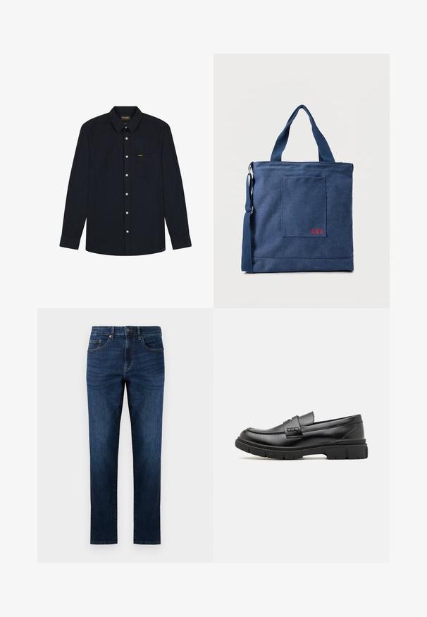 Langærmet sort skjorte med knapper, krave, frontlomme, hvide knapper og Wrangler-logo på lommen og kravelabel.; Mørkeblå denim jeans med lige ben design, der har fem lommer, syede detaljer og en klassisk knaplukning.; Sort læder loafersko med en bred rem over forfoden, gummisål med tykke mønstre og glat overflade. Klassisk, slankt design.; Blå lærredstote taske med frontlomme og rød "O.N.S" broderi, med to håndtag og en justerbar skulderrem.