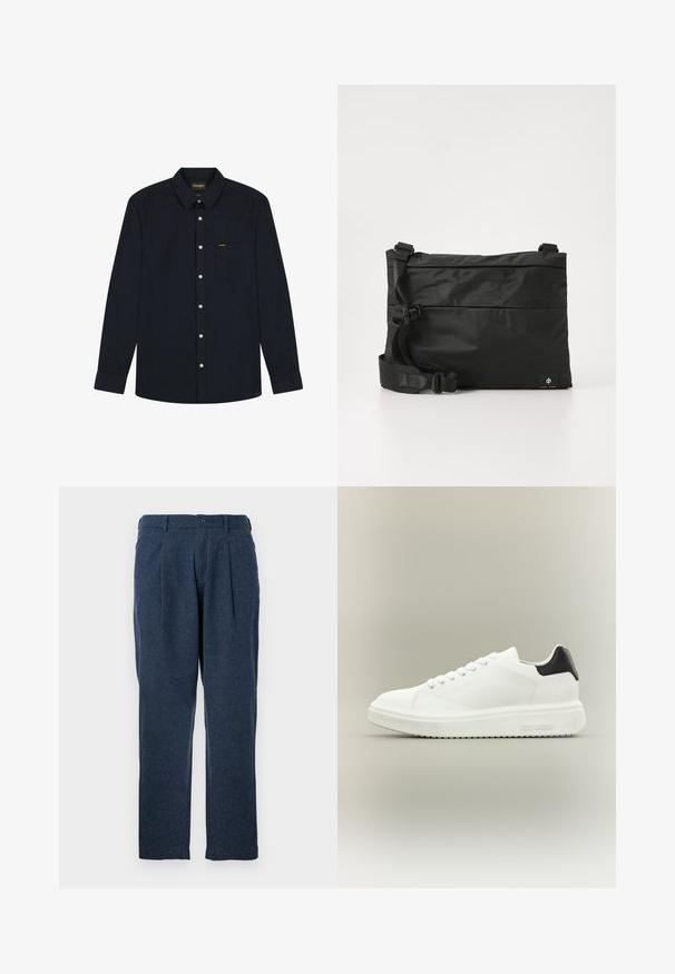 Chemise noire à manches longues avec col, poche avant, boutons blancs, et logo Wrangler sur la poche ainsi que sur l'étiquette du col.; Pantalons bleu foncé en tissu texturé, dotés de plis, d'une fermeture à bouton et d'une coupe droite.; Baskets basses blanches avec une semelle épaisse, fermeture à lacets sur le devant et languette de talon noire, marquées "Steve Madden" sur la semelle latérale.; Sac messager en nylon noir avec une sangle réglable, un design plat et une étiquette latérale arborant un logo. Texture lisse et style minimaliste.
