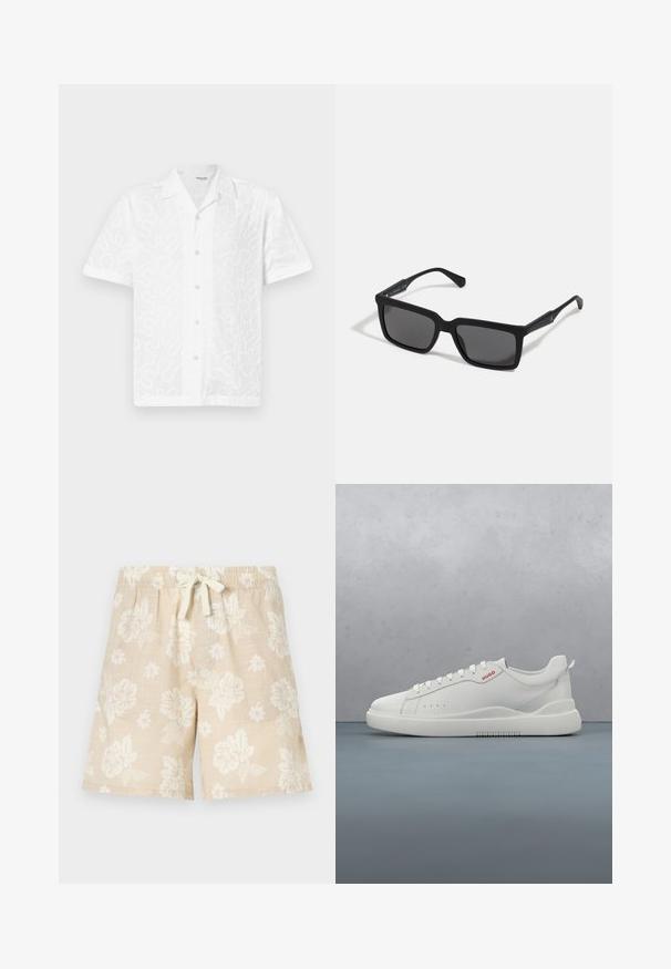 Camisa blanca de manga corta con un patrón texturizado y ondulado, cuello clásico y cierre de botones en la parte delantera. Fabricada en un material ligero.; Pantalones cortos florales beige hechos de tela ligera, con una cintura elástica ajustable y un corte relajado con patrones florales blancos.; Zapatilla blanca con un acabado de cuero liso, punta redonda, cuatro ojales, perforaciones sutiles y un detalle de logo rojo en el lateral.; Gafas de sol negras con lentes rectangulares, acabado mate, montura gruesa y brazos delgados con un discreto detalle de marca.