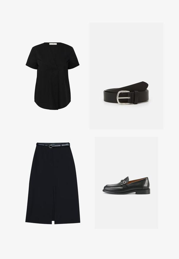 Haut noir à manches courtes avec un ourlet légèrement arrondi, présentant un décolleté en V et un pli avant caché. Fabriqué en tissu lisse et léger.; Jupe noire à mi-cuisse avec une fente frontale, fabriquée en tissu lisse. Comprend une fine ceinture noire avec une boucle en argent et des passants.; Mocassins en cuir noir avec un design cousu, comportant un double accent boucle et un talon légèrement surélevé pour plus de hauteur.; Ceinture en cuir noir avec une texture lisse, dotée d'une boucle en métal argenté et d'une extrémité effilée. Design simple et classique.