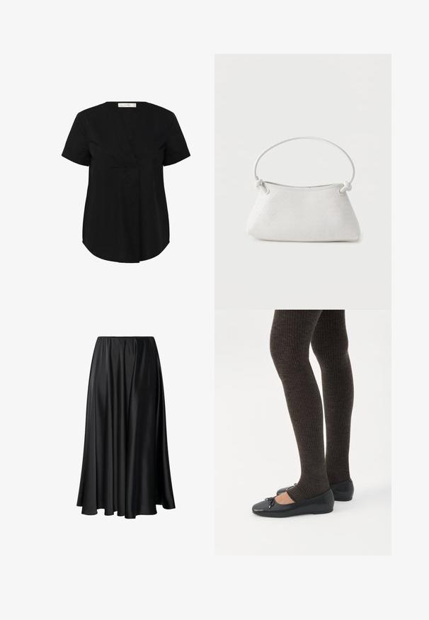 Top negro de manga corta con un dobladillo ligeramente curvado, que presenta un escote en V y un pliegue frontal oculto. Fabricado con una tela suave y ligera.; Falda maxi negra de tejido suave, con una cinturilla elástica, silueta amplia y un dobladillo fluido sin patrones o detalles visibles.; Piernas con leggings oscuros acanalados combinados con bailarinas negras que presentan pequeños detalles de lazo sobre un fondo blanco.; Bolso de mano de cuero blanco tejido con asa redondeada y extremos de la correa anudados, exhibido sobre un fondo liso.
