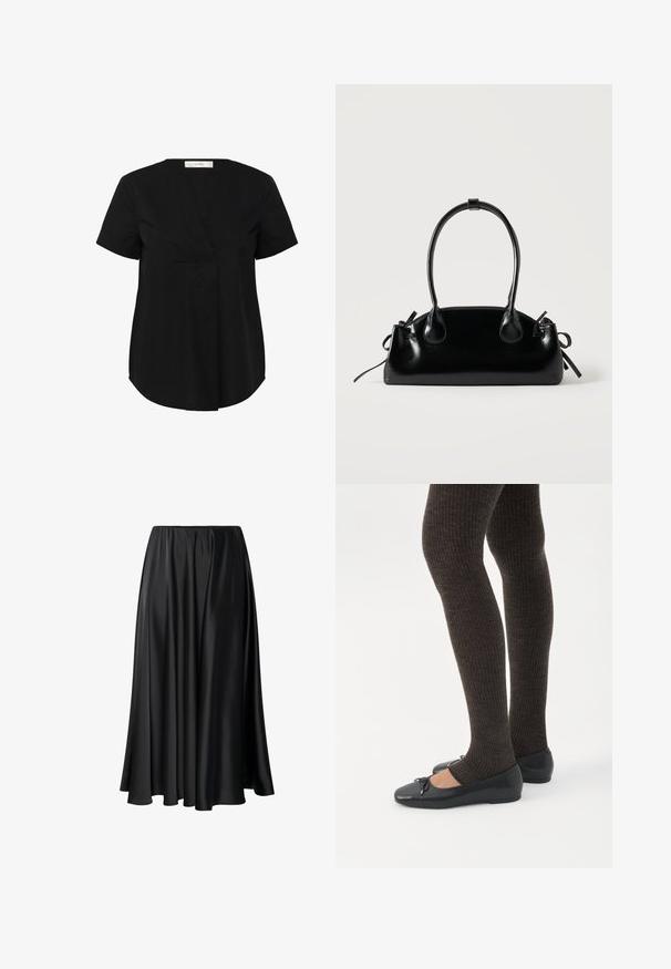 Zwarte top met korte mouwen en een iets gebogen zoom, voorzien van een v-hals en een verborgen plooi aan de voorkant. Gemaakt van een gladde, lichte stof.; Zwarte maxi rok van gladde stof, met een elastische tailleband, een volle silhouet en een vloeiende zoom zonder zichtbare patronen of details.; Benen met donkere geribbelde leggings gecombineerd met zwarte ballerina's met kleine strikdetails op een witte achtergrond.; Kleine zwarte glanzende handtas met twee lange hengsels en zijkant trekkoord details op een effen lichte achtergrond.
